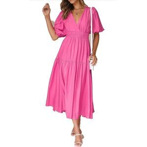 NEW Puff Sleeve V Neck A-line Flowy Tiered Midi Dress Barbie core L